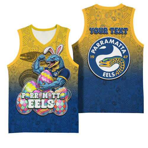 Personalized Parramatta Eels Basketball Jersey Easter Mascot - Colorful Eggs Cartoon Style