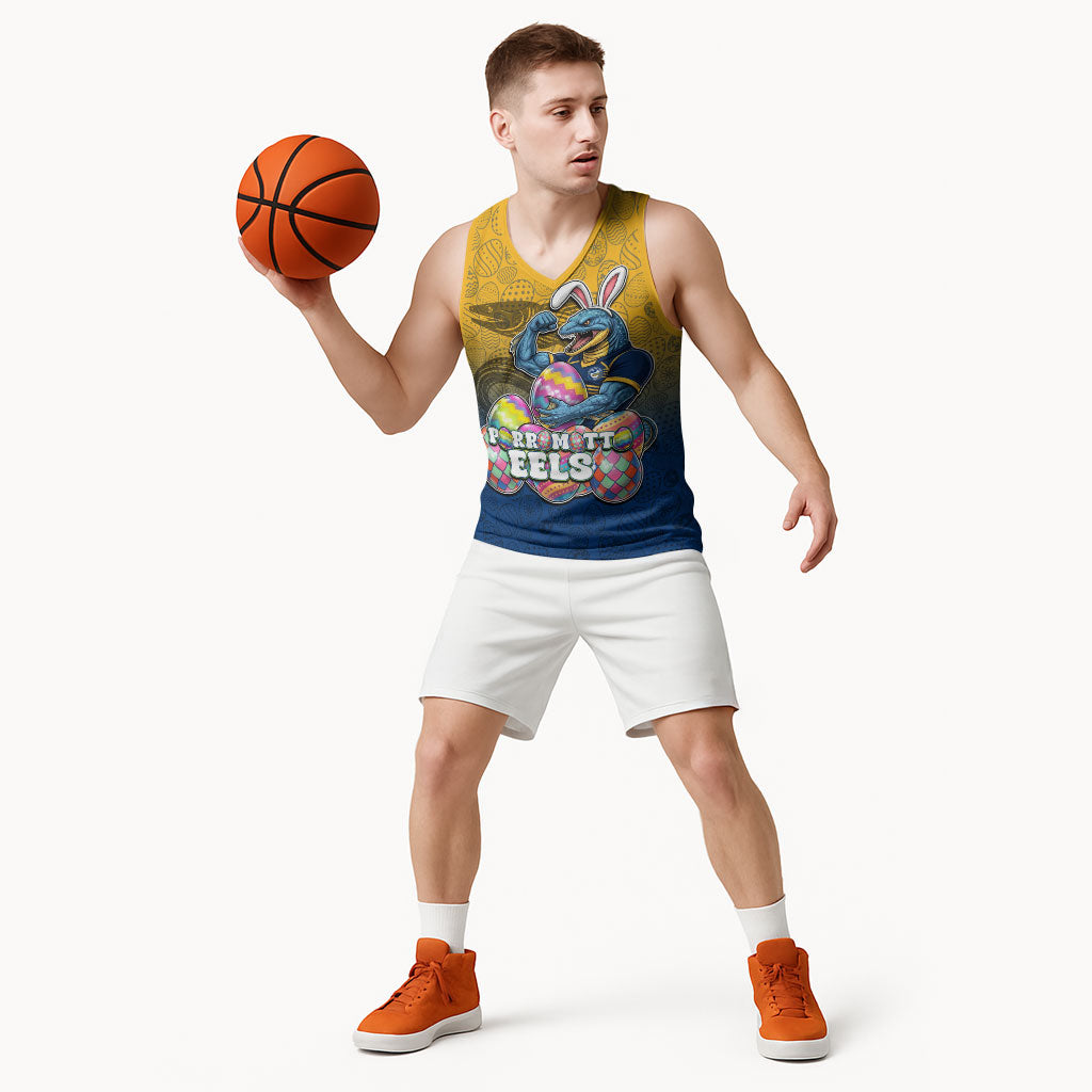Personalized Parramatta Eels Basketball Jersey Easter Mascot - Colorful Eggs Cartoon Style