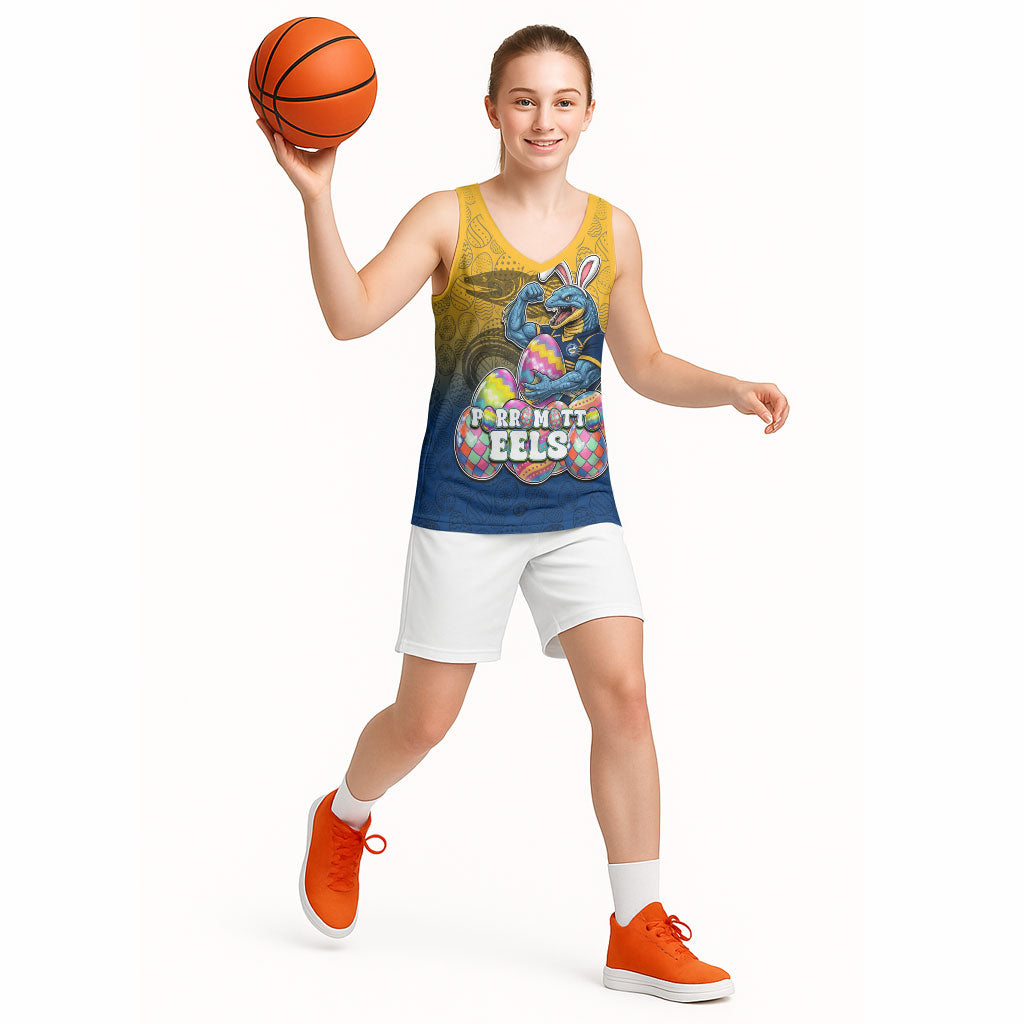 Personalized Parramatta Eels Basketball Jersey Easter Mascot - Colorful Eggs Cartoon Style