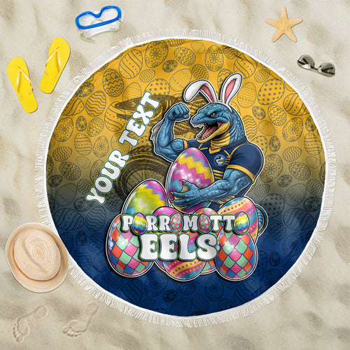 Personalized Parramatta Eels Beach Blanket Easter Mascot - Colorful Eggs Cartoon Style