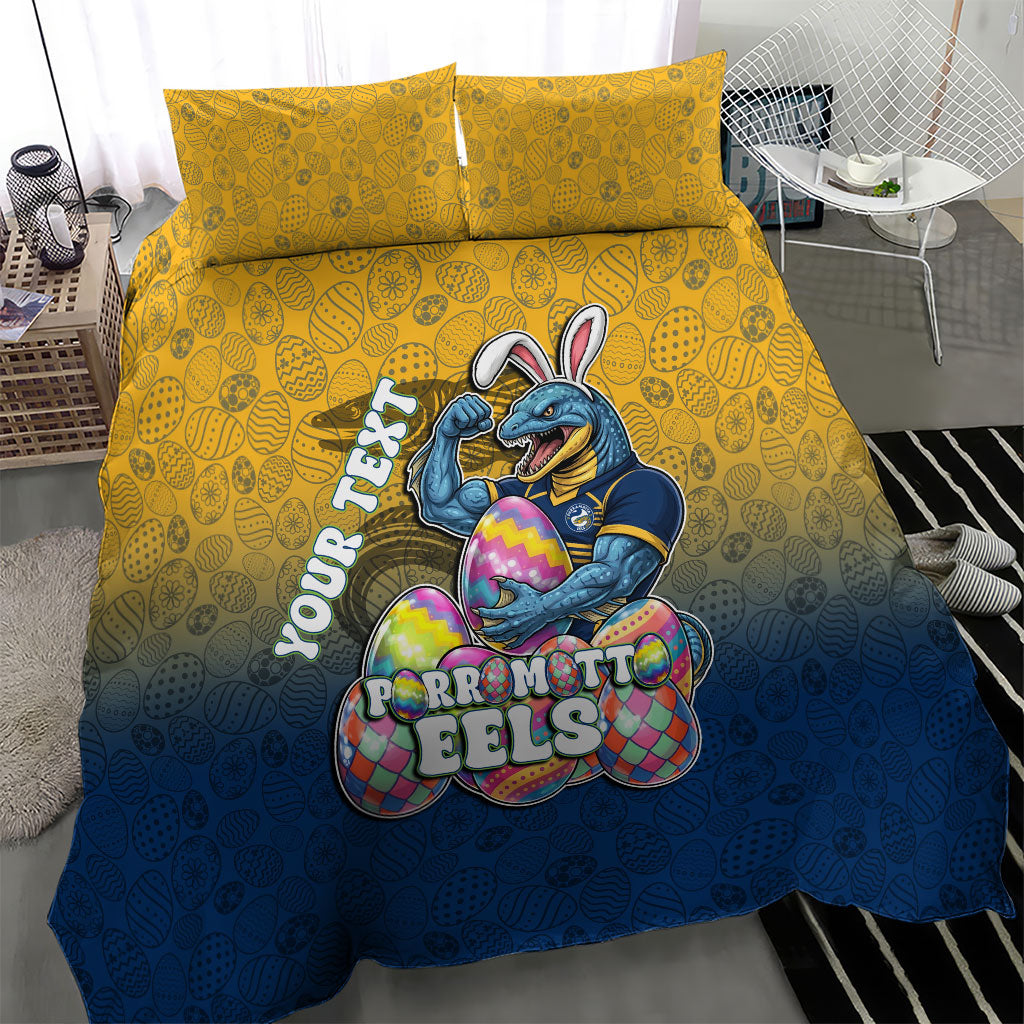 Personalized Parramatta Eels Bedding Set Easter Mascot - Colorful Eggs Cartoon Style