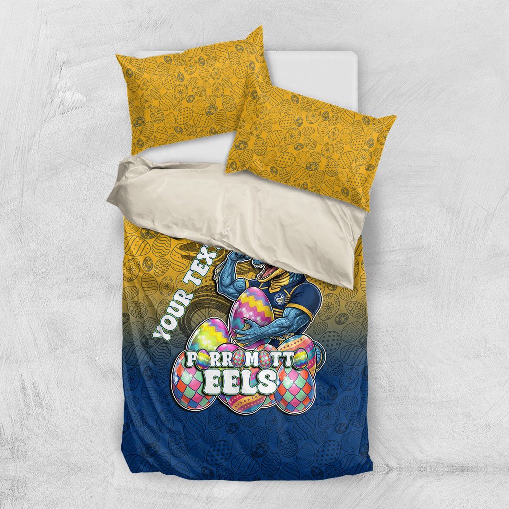 Personalized Parramatta Eels Bedding Set Easter Mascot - Colorful Eggs Cartoon Style