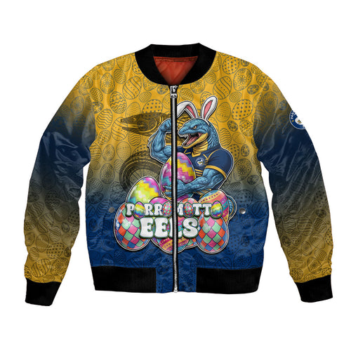 Personalized Parramatta Eels Bomber Jacket Easter Mascot - Colorful Eggs Cartoon Style