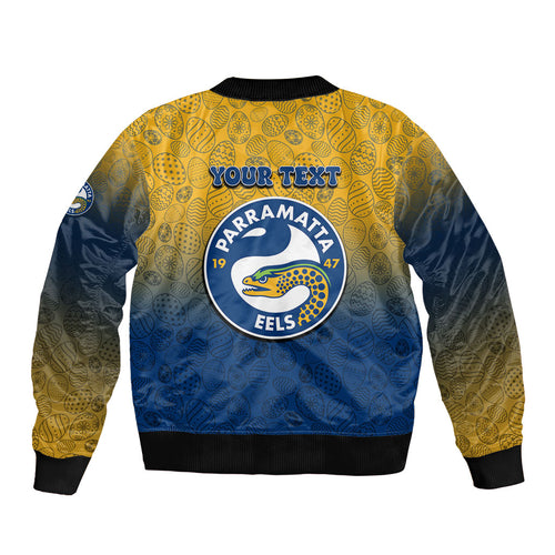 Personalized Parramatta Eels Bomber Jacket Easter Mascot - Colorful Eggs Cartoon Style