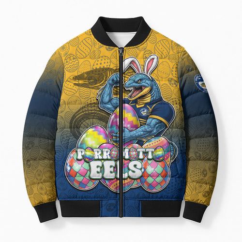 Personalized Parramatta Eels Bomber Puffer Jacket Easter Mascot - Colorful Eggs Cartoon Style