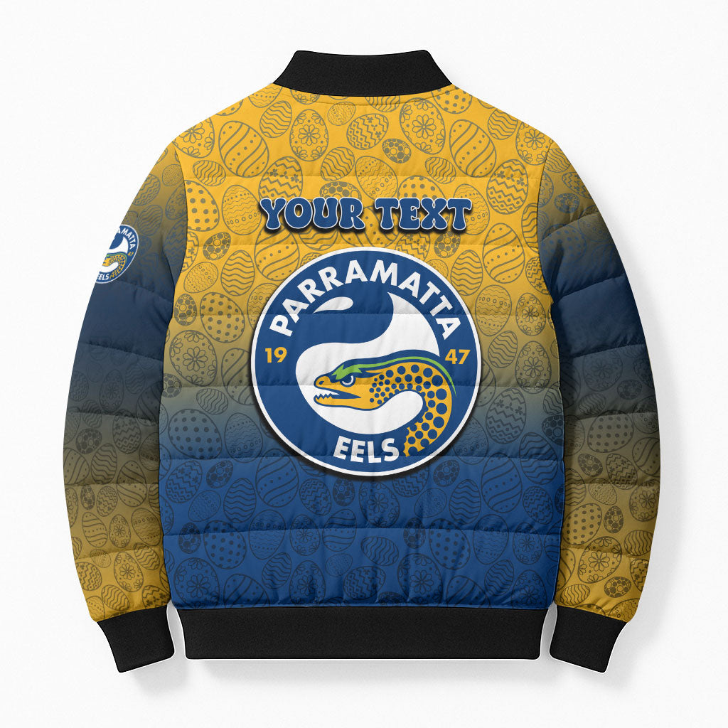 Personalized Parramatta Eels Bomber Puffer Jacket Easter Mascot - Colorful Eggs Cartoon Style