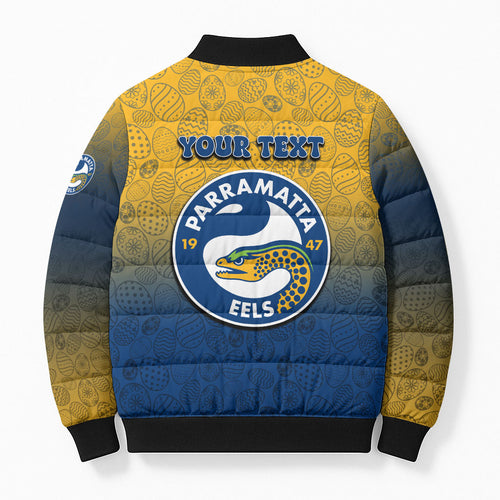 Personalized Parramatta Eels Bomber Puffer Jacket Easter Mascot - Colorful Eggs Cartoon Style