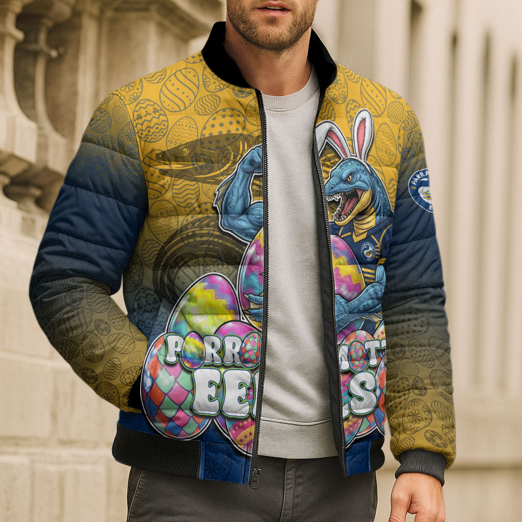 Personalized Parramatta Eels Bomber Puffer Jacket Easter Mascot - Colorful Eggs Cartoon Style