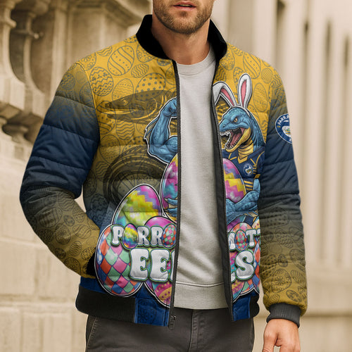 Personalized Parramatta Eels Bomber Puffer Jacket Easter Mascot - Colorful Eggs Cartoon Style