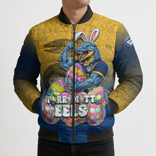Personalized Parramatta Eels Bomber Puffer Jacket Easter Mascot - Colorful Eggs Cartoon Style