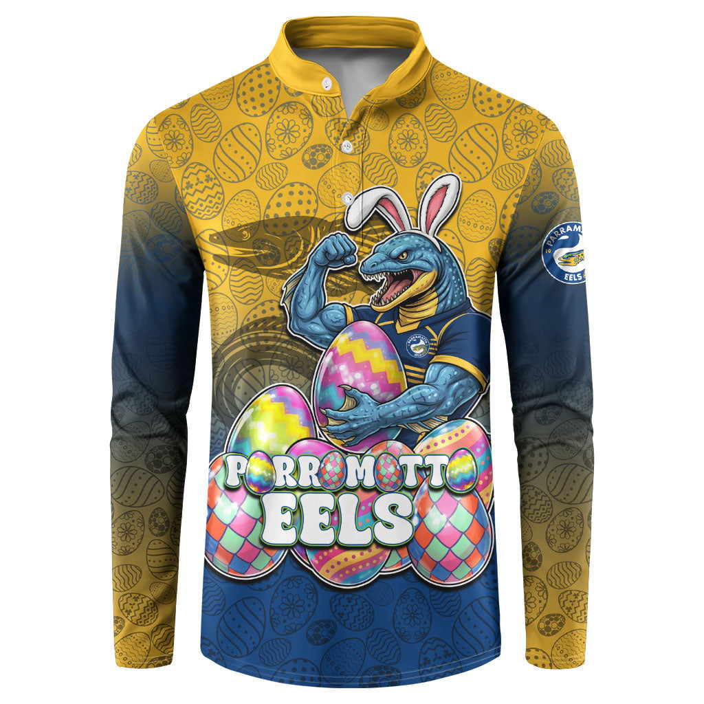 Personalized Parramatta Eels Button Sweatshirt Easter Mascot - Colorful Eggs Cartoon Style