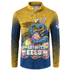 Personalized Parramatta Eels Button Sweatshirt Easter Mascot - Colorful Eggs Cartoon Style