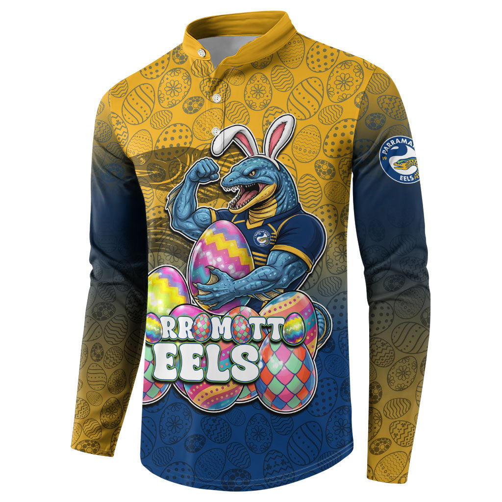 Personalized Parramatta Eels Button Sweatshirt Easter Mascot - Colorful Eggs Cartoon Style