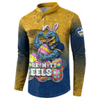 Personalized Parramatta Eels Button Sweatshirt Easter Mascot - Colorful Eggs Cartoon Style