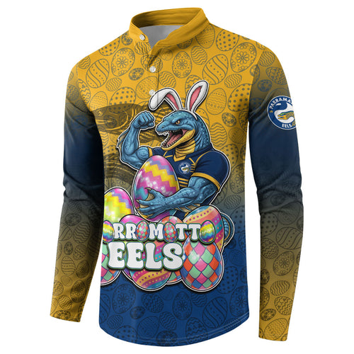 Personalized Parramatta Eels Button Sweatshirt Easter Mascot - Colorful Eggs Cartoon Style