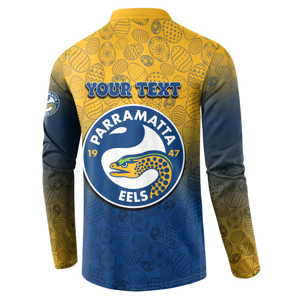 Personalized Parramatta Eels Button Sweatshirt Easter Mascot - Colorful Eggs Cartoon Style