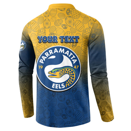 Personalized Parramatta Eels Button Sweatshirt Easter Mascot - Colorful Eggs Cartoon Style