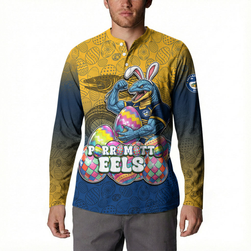 Personalized Parramatta Eels Button Sweatshirt Easter Mascot - Colorful Eggs Cartoon Style