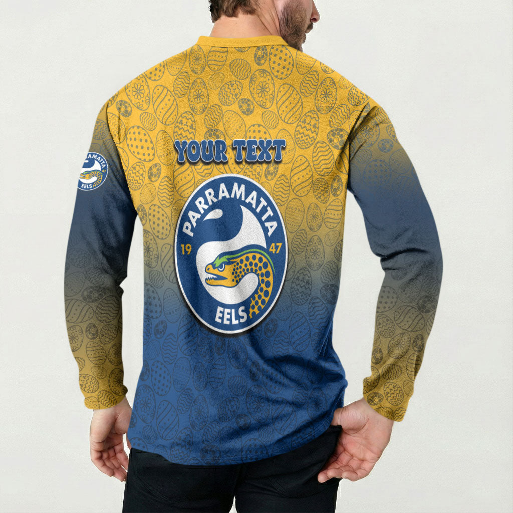 Personalized Parramatta Eels Button Sweatshirt Easter Mascot - Colorful Eggs Cartoon Style