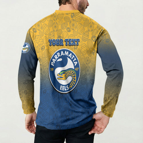Personalized Parramatta Eels Button Sweatshirt Easter Mascot - Colorful Eggs Cartoon Style
