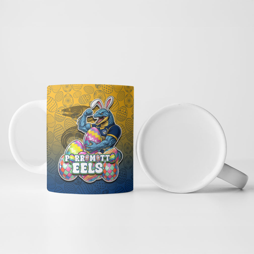 Personalized Parramatta Eels Ceramic Mug Easter Mascot - Colorful Eggs Cartoon Style