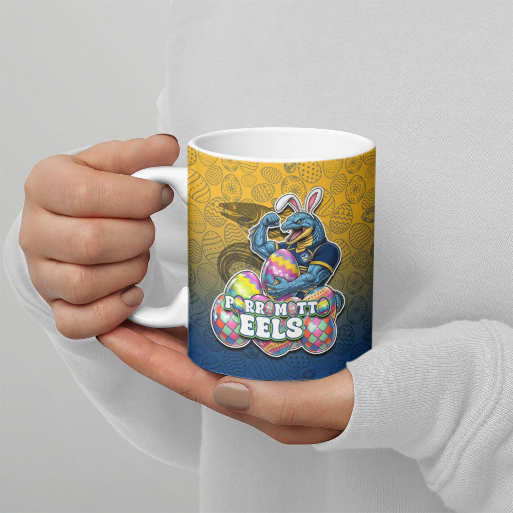 Personalized Parramatta Eels Ceramic Mug Easter Mascot - Colorful Eggs Cartoon Style