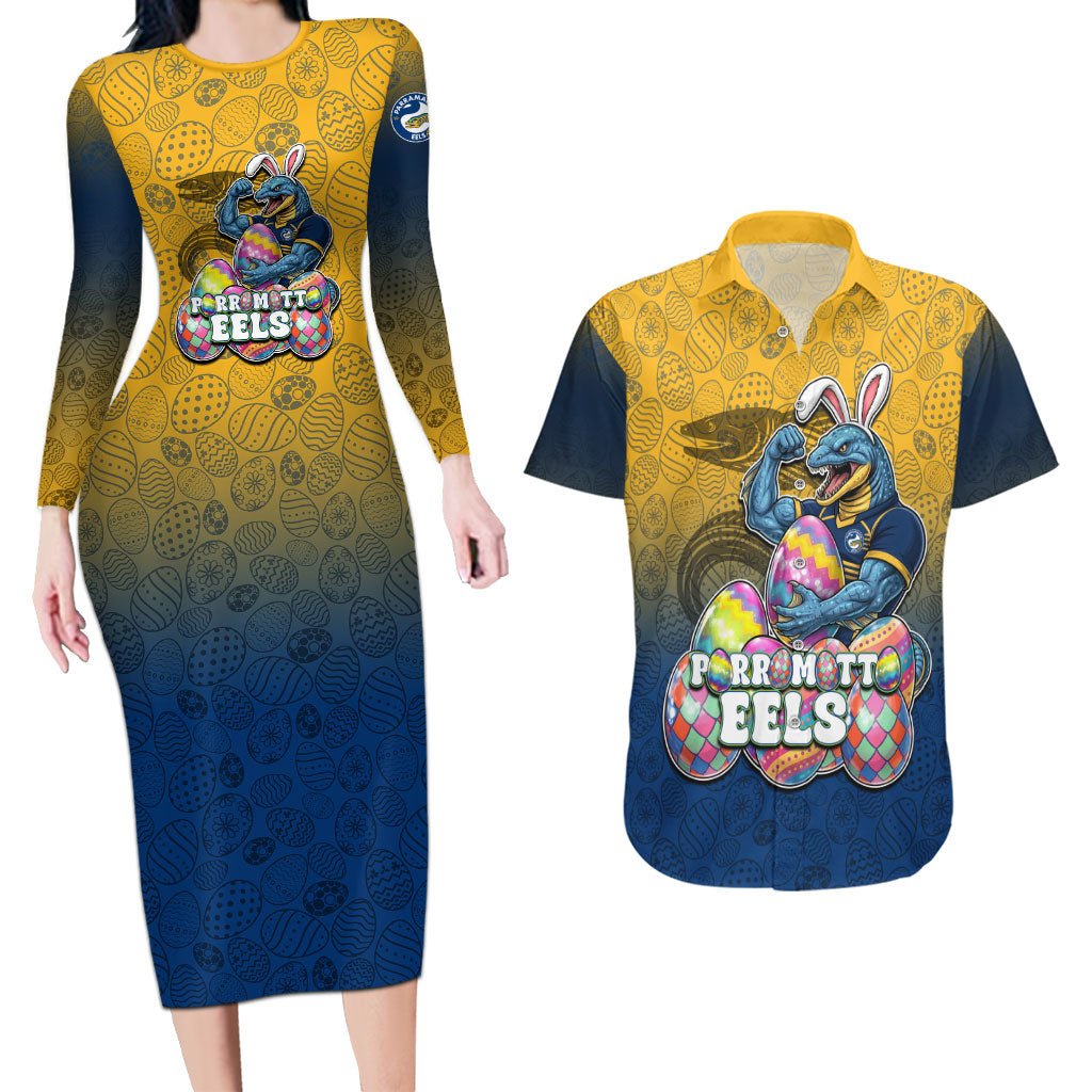 Personalized Parramatta Eels Couples Matching Long Sleeve Bodycon Dress and Hawaiian Shirt Easter Mascot - Colorful Eggs Cartoon Style