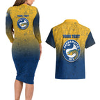 Personalized Parramatta Eels Couples Matching Long Sleeve Bodycon Dress and Hawaiian Shirt Easter Mascot - Colorful Eggs Cartoon Style