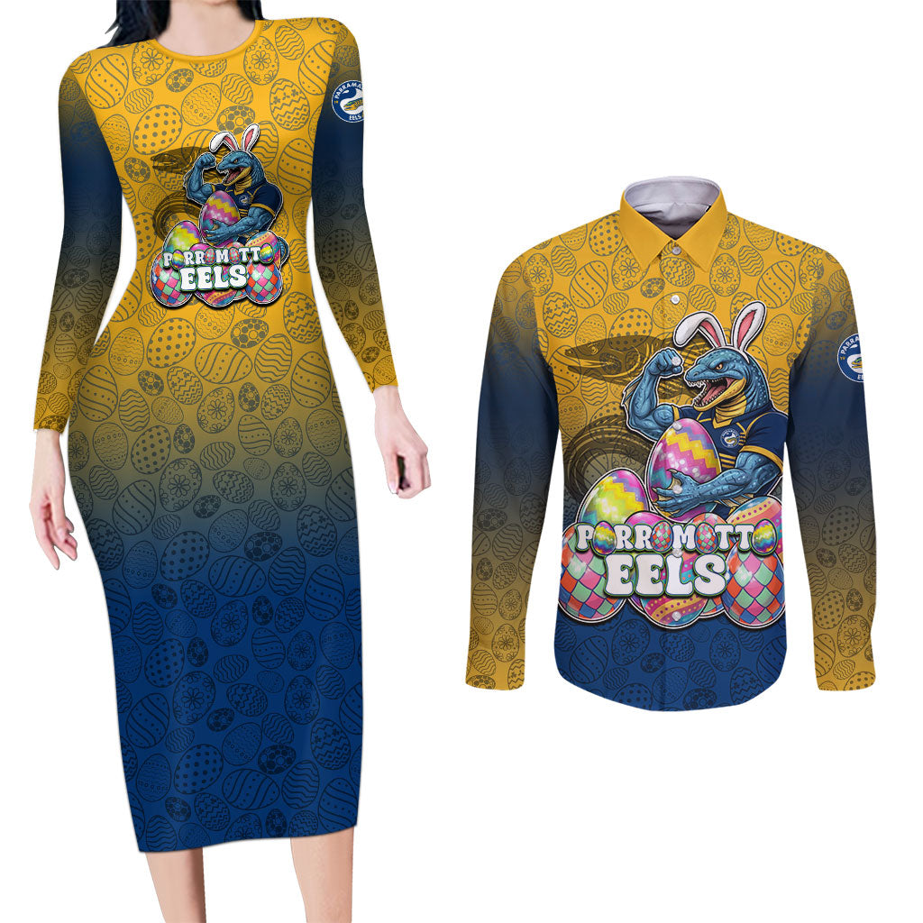Personalized Parramatta Eels Couples Matching Long Sleeve Bodycon Dress and Long Sleeve Button Shirt Easter Mascot - Colorful Eggs Cartoon Style