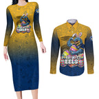 Personalized Parramatta Eels Couples Matching Long Sleeve Bodycon Dress and Long Sleeve Button Shirt Easter Mascot - Colorful Eggs Cartoon Style