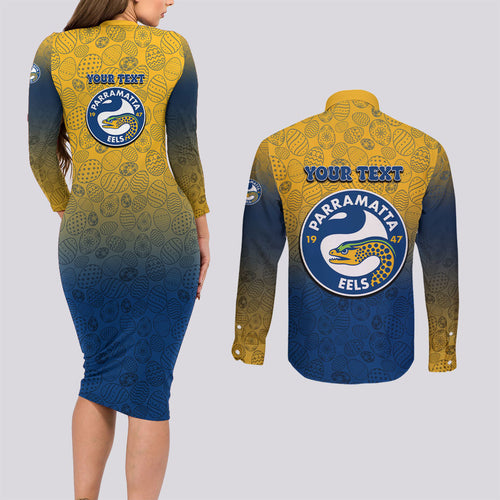 Personalized Parramatta Eels Couples Matching Long Sleeve Bodycon Dress and Long Sleeve Button Shirt Easter Mascot - Colorful Eggs Cartoon Style