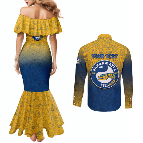 Personalized Parramatta Eels Couples Matching Mermaid Dress and Long Sleeve Button Shirt Easter Mascot - Colorful Eggs Cartoon Style