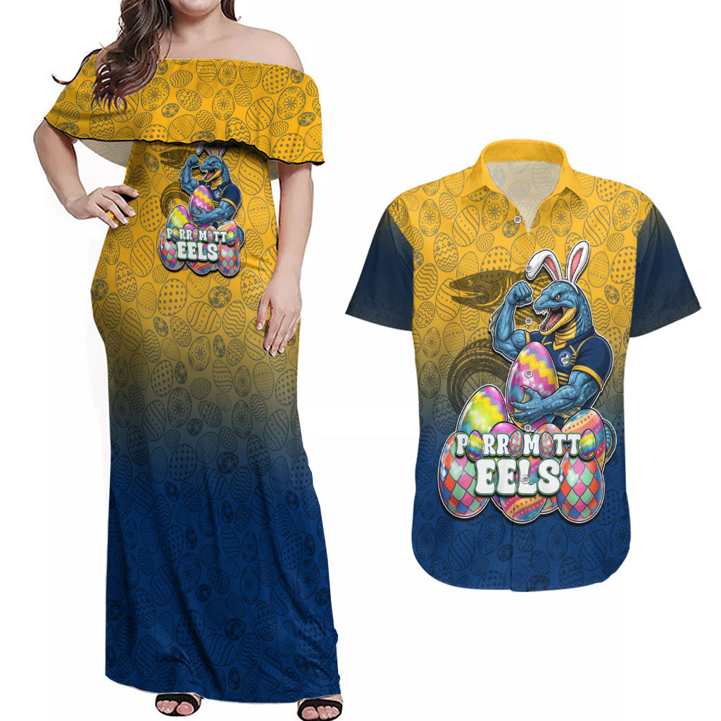 Personalized Parramatta Eels Couples Matching Off Shoulder Maxi Dress and Hawaiian Shirt Easter Mascot - Colorful Eggs Cartoon Style