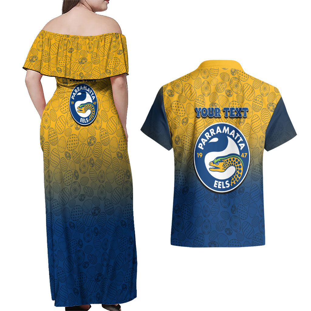Personalized Parramatta Eels Couples Matching Off Shoulder Maxi Dress and Hawaiian Shirt Easter Mascot - Colorful Eggs Cartoon Style