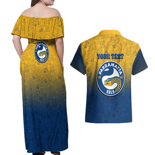 Personalized Parramatta Eels Couples Matching Off Shoulder Maxi Dress and Hawaiian Shirt Easter Mascot - Colorful Eggs Cartoon Style
