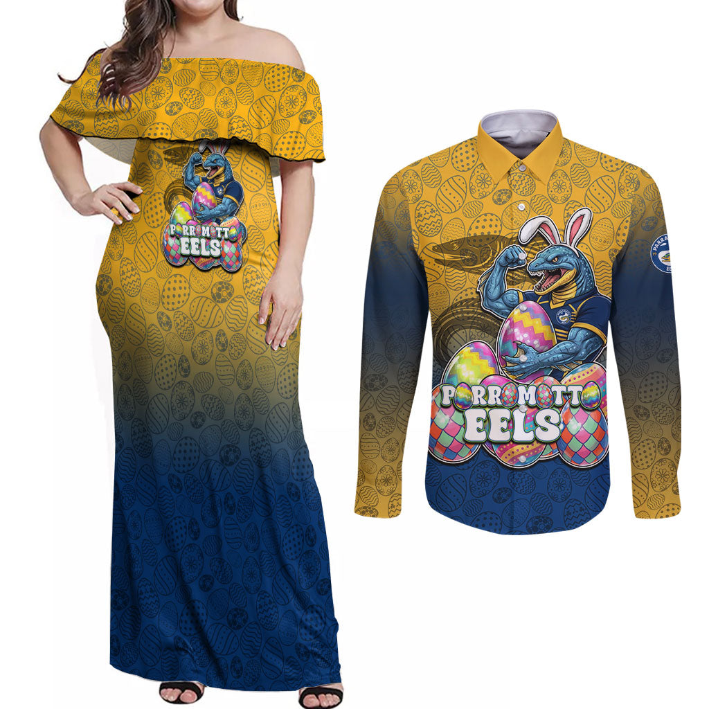 Personalized Parramatta Eels Couples Matching Off Shoulder Maxi Dress and Long Sleeve Button Shirt Easter Mascot - Colorful Eggs Cartoon Style