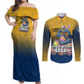 Personalized Parramatta Eels Couples Matching Off Shoulder Maxi Dress and Long Sleeve Button Shirt Easter Mascot - Colorful Eggs Cartoon Style
