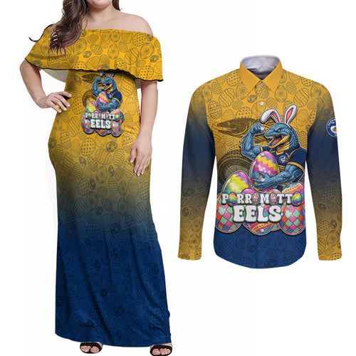Personalized Parramatta Eels Couples Matching Off Shoulder Maxi Dress and Long Sleeve Button Shirt Easter Mascot - Colorful Eggs Cartoon Style