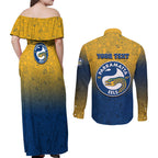 Personalized Parramatta Eels Couples Matching Off Shoulder Maxi Dress and Long Sleeve Button Shirt Easter Mascot - Colorful Eggs Cartoon Style