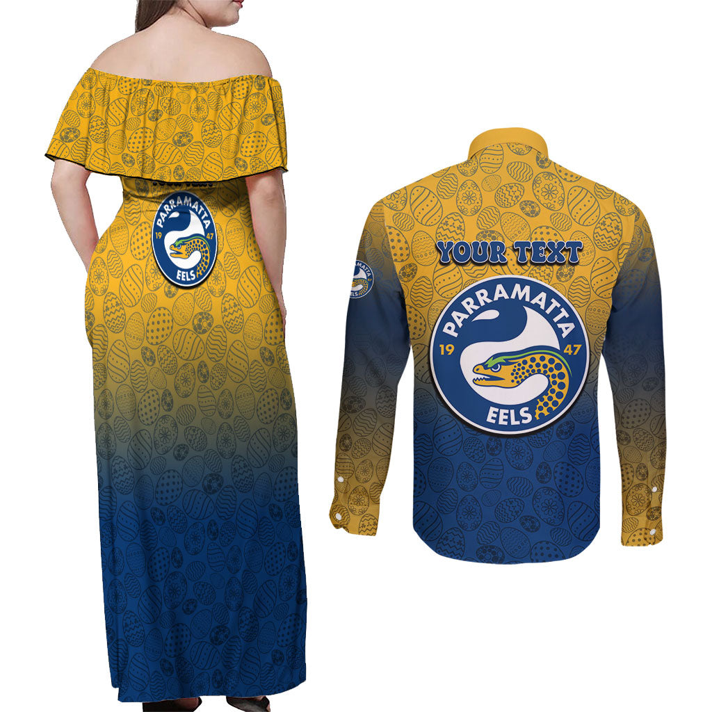 Personalized Parramatta Eels Couples Matching Off Shoulder Maxi Dress and Long Sleeve Button Shirt Easter Mascot - Colorful Eggs Cartoon Style