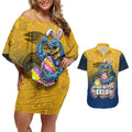Personalized Parramatta Eels Couples Matching Off Shoulder Short Dress and Hawaiian Shirt Easter Mascot - Colorful Eggs Cartoon Style