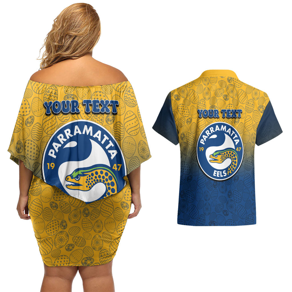 Personalized Parramatta Eels Couples Matching Off Shoulder Short Dress and Hawaiian Shirt Easter Mascot - Colorful Eggs Cartoon Style