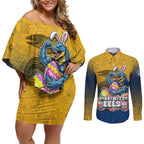 Personalized Parramatta Eels Couples Matching Off Shoulder Short Dress and Long Sleeve Button Shirt Easter Mascot - Colorful Eggs Cartoon Style