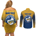 Personalized Parramatta Eels Couples Matching Off Shoulder Short Dress and Long Sleeve Button Shirt Easter Mascot - Colorful Eggs Cartoon Style