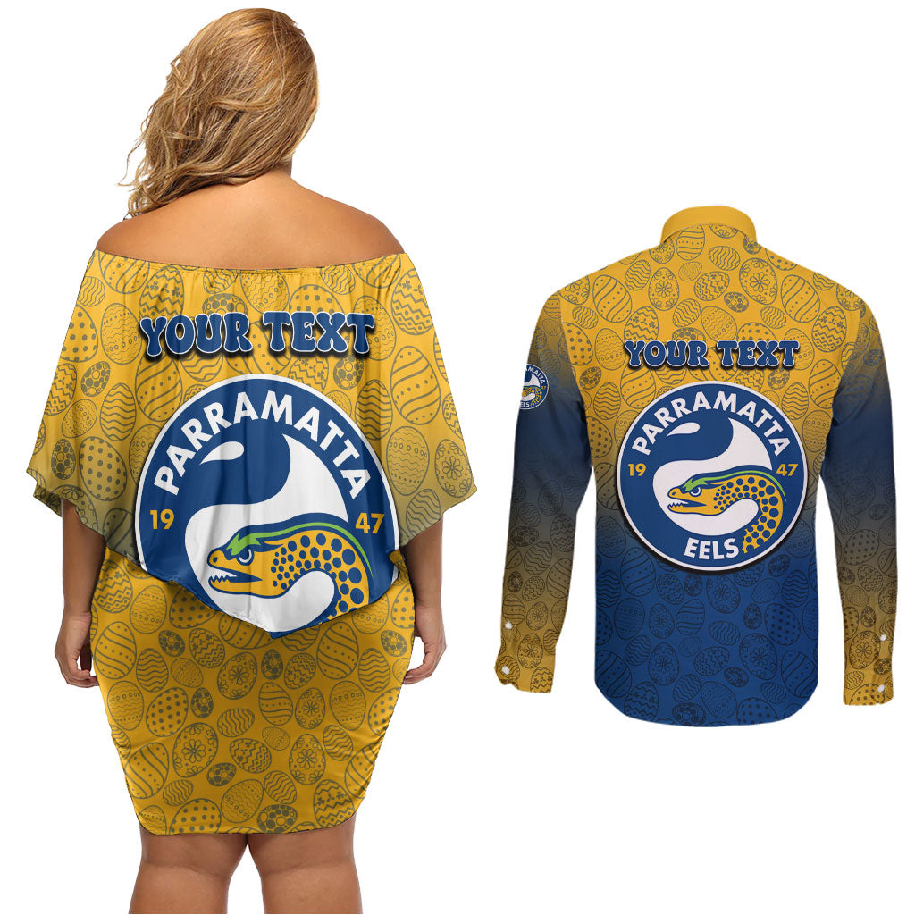 Personalized Parramatta Eels Couples Matching Off Shoulder Short Dress and Long Sleeve Button Shirt Easter Mascot - Colorful Eggs Cartoon Style