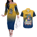 Personalized Parramatta Eels Couples Matching Off The Shoulder Long Sleeve Dress and Hawaiian Shirt Easter Mascot - Colorful Eggs Cartoon Style