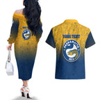 Personalized Parramatta Eels Couples Matching Off The Shoulder Long Sleeve Dress and Hawaiian Shirt Easter Mascot - Colorful Eggs Cartoon Style