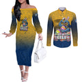 Personalized Parramatta Eels Couples Matching Off The Shoulder Long Sleeve Dress and Long Sleeve Button Shirt Easter Mascot - Colorful Eggs Cartoon Style