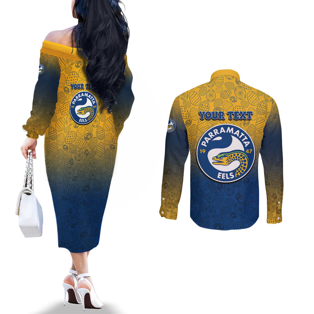 Personalized Parramatta Eels Couples Matching Off The Shoulder Long Sleeve Dress and Long Sleeve Button Shirt Easter Mascot - Colorful Eggs Cartoon Style
