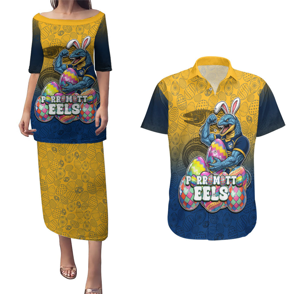 Personalized Parramatta Eels Couples Matching Puletasi and Hawaiian Shirt Easter Mascot - Colorful Eggs Cartoon Style